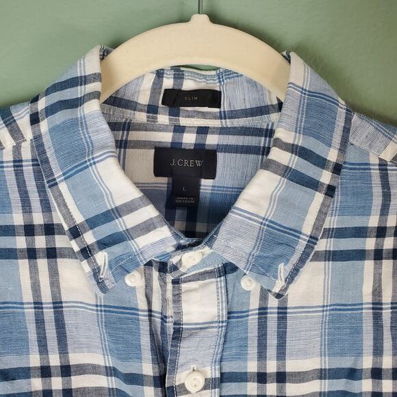 J. Crew Slim End-On-End Linen Blend Plaid Long Sleeve Button Down Shirt Sz Large - Picture 4 of 9